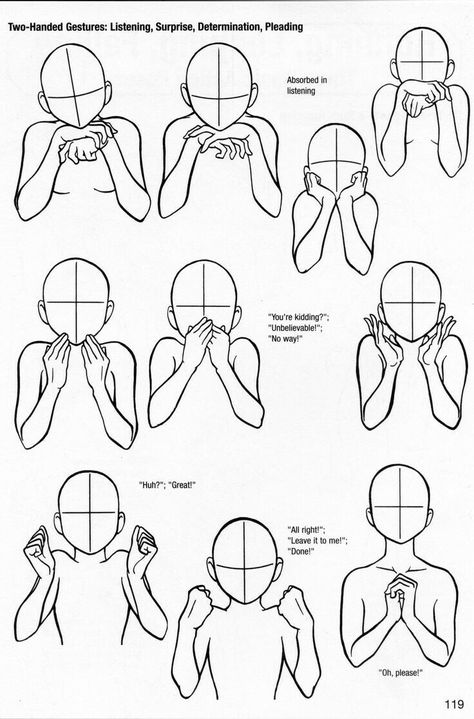 Two-Handed Gestures: Listening, Surprise, Determination, Pleading, positions, text; How to Draw Manga/Anime Drawing Hands, Hand Reference, Sketchbook Pages, Poses References, Guided Drawing, Drawing Lessons, Drawing Tutorials, Art Tutorial, Drawing Base