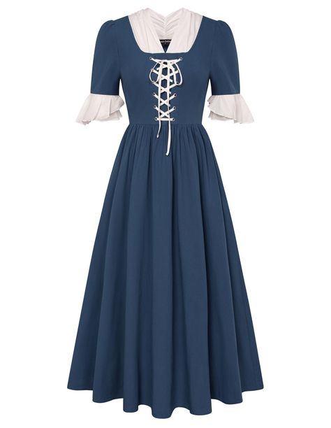 PRICES MAY VARY. Step back in time with our womens pioneer prairie dress, a perfect blend of style, history, and comfort. High-Quality Materials : 98%Cotton+2%Polyester. It is unlined. Made from pure cotton, our pioneer prairie dress ensures comfort and breathability while maintaining durability for long-lasting wear. We advise you to iron them before trying on our pioneer costume dress. Features : The pioneer dresses for adult women feature 2 pockets, V neck, one half sleeves with ruffles, invi Blue Prairie Dress, Puritan Dress, 1800 Clothing, 1800 Dress, Pioneer Dresses, Pioneer Costume, Pilgrim Costume, Mom Dresses, Musical Costumes