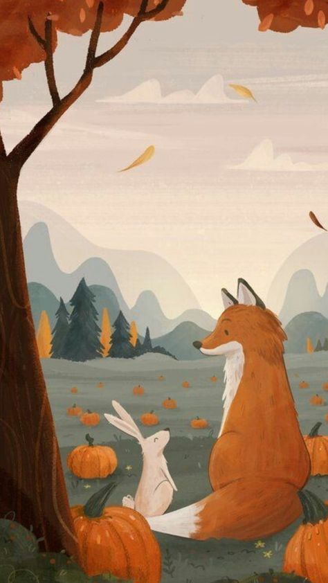 Fox And Bunny, Fox And Rabbit, Fox Print, Rabbit Print, Bunny Print, Animal Decor, Pumpkin Patch, Pumpkins, Fox