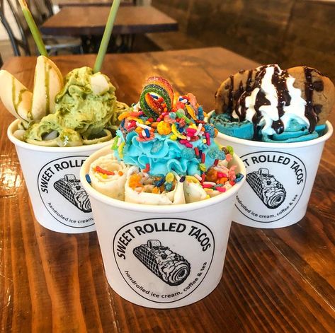 Sweet Rolled Tacos on Instagram: “Our rolled ice cream cups and tacos are almost too beautiful to eat🤤” Sweet Rolled Tacos, Cinnamon Rolls Ice Cream, Ice Cream Rolls, Rolled Ice Cream Shop Interior, Ice Cream Tacos How To Make, Rolled Up Ice Cream, Rolled Ice Cream Aesthetic, Rolled Ice Cream Shop, Rolled Ice Cream