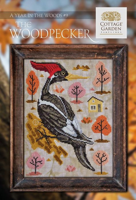 A Year In The Woods Cottage Garden Cross Stitch, Cottage Garden Samplings, Pileated Woodpecker, Owl Cross Stitch, Cross Eyed, Cottage Gardens, Cross Stitch Animals, Cross Stitch Ideas, Stitch Ideas