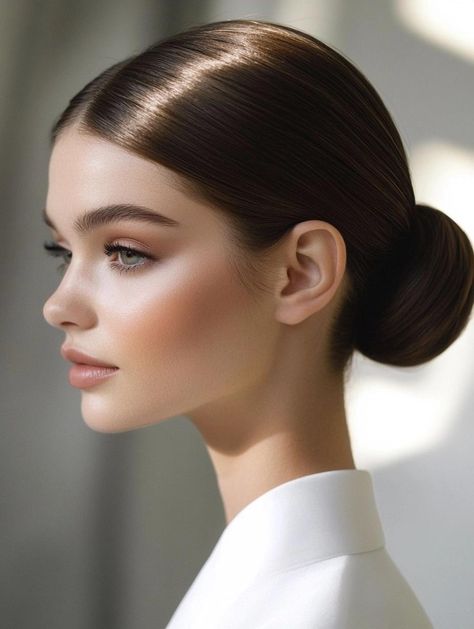 Sleek Bun Hairstyles: Timeless Updos for Every Occasion Bun Middle Part, Middle Part Bun, Bun Inspiration, Sleek Bun Hairstyles, Sophisticated Updo, Hairstyles Work, Sleek Buns, Styling Moodboard, Braided Buns