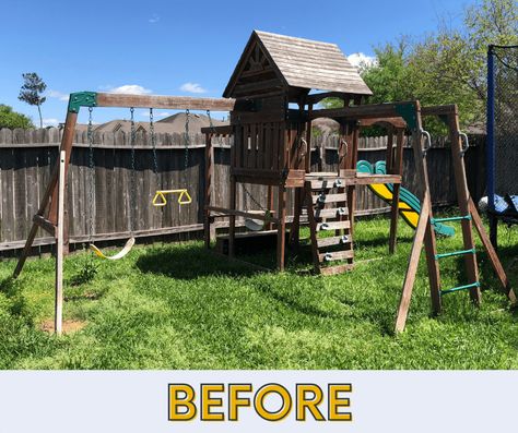 Painted Swing Set - The DIY Vibe Painting Outdoor Playset, Diy Swingset Upgrade, Redo Outdoor Playset, Old Playground Makeover, Playset Painting Ideas, Painting A Playset, Painted Playset Outdoor, Wood Playset Makeover, Wooden Playset Makeover