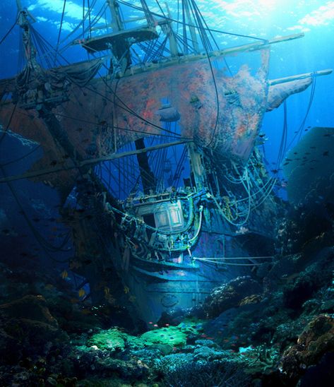 ArtStation - Sunken Pirate Ship, Andrii Prymak Sunken Ship Tattoo, Sunken Pirate Ship, Underwater Shipwreck, Pirate Ship Art, Sunken Ship, Kaptan Jack Sparrow, Nautical Wallpaper, Old Sailing Ships, Underwater City