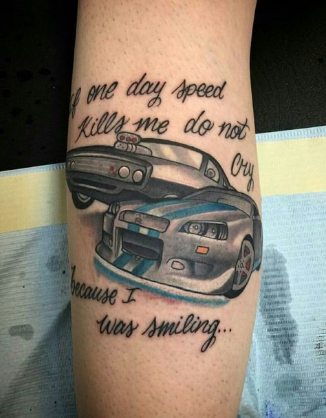 Car Enthusiast Tattoo Ideas, Tattoo Ideas For Men Cars, Couple Tattoos Car Related, Vehicle Tattoo Ideas, Cars Tatoos Ideas, Fast And Furious Tattoo Ideas Quotes, If One Day Speed Kills Me Tattoo, Mopar Tattoo Ideas, Car Guy Tattoos For Men