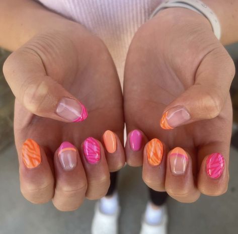 Preppy Pink And Orange Nails, Nail Ideas With Orange, Get X Nails, Nail Ideas End Of Summer, Summer Bright Nail Designs, Nail Inspo Bright Colors, Short Almond Nail Inspo Summer, Zach Bryan Nails Design, Simple Pattern Nails