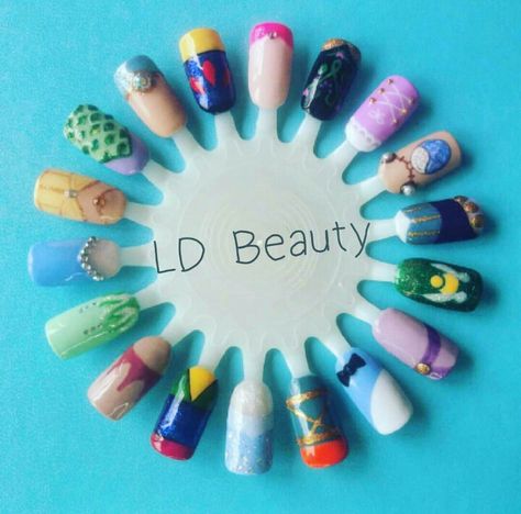 Disney princess/heroine nail art . www.instagram.com/lauradaniellebeauty Disney Nail Art Princess, Disney Inspired Nails Princesses, Merida Nails Disney Princess, Disney Nail Designs Princesses, Disney Princess French Tip Nails, Disney Princess Manicure, Disney Princess Nail, Disney Princess Nail Art, Nail School