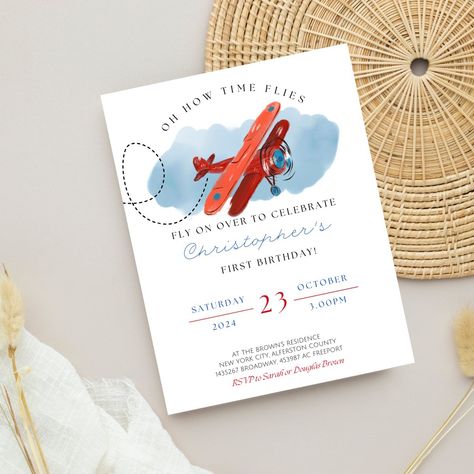 Time Flies Birthday Invitation, Airplane Invitation Template, Airplane Template, Airplane Invitation, Time Flies Birthday, Planes Birthday Party, Airplane Illustration, Planes Birthday, Aviation Theme