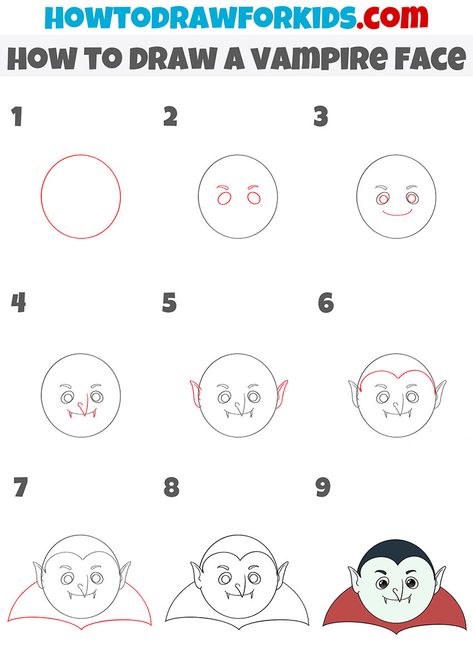 How To Draw A Vampire, Drawing Vampire, Easy Halloween Drawings, Draw Halloween, Face Step By Step, Vampire Face, Beginners Art, Simple Drawings, Directed Drawing