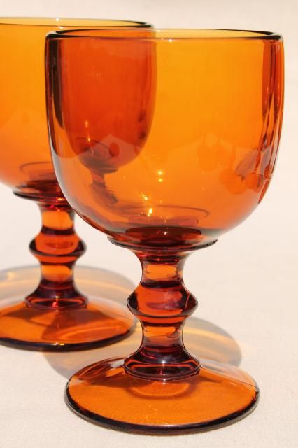 vintage amber glass wine glasses / water goblets, 60s 70s retro Hoffman House stemware 70s Glassware, Orange Inspiration, Retro Homes, Glasses Water, Retro Glassware, Amber Glassware, Amber Light, Food Gallery, Amber Lights