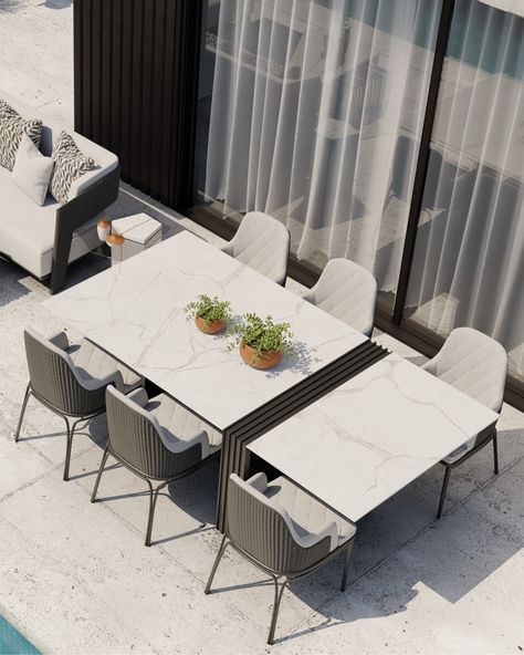 Crafted from premium materials, including stainless steel and Carrara marble, the Vertigo Grey Dining Table seamlessly integrates into any setting. Designed for outdoor use, this modern dining table adds a touch of sophistication and elegance to any space it graces. Transform your project with our exquisite table collection. Link in bio. 🔗 #lifestylebyluxxu #outdoorspace #outdoordining #diningtable #luxury #luxuryhome #outdoor #outdoorfurniture #luxuryoutdoors #design #interiordesign #desig... Marble Outdoor Dining Table, Grey Dining Table, Grey Dining Tables, Grey Dining, Modern Dining Table, Carrara Marble, Outdoor Dining Table, Outdoor Design, Modern Dining