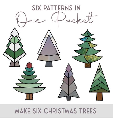 Make 6 stained glass Christmas trees with this pattern pack. With full instructions for both a standing version and a hanging version for each, you can make a bunch of lovely trees for yourself, for gifts, or to sell. Pattern purchase includes commercial and hobby rights. Pine Tree Stained Glass Pattern, Easy Stained Glass Art, Christmas Stained Glass Ideas, Stained Glass Christmas Patterns, Christmas Stained Glass Patterns, Easy Stained Glass Patterns, Beading Templates, Stained Glass Christmas Ornaments, Christmas Tree Patterns