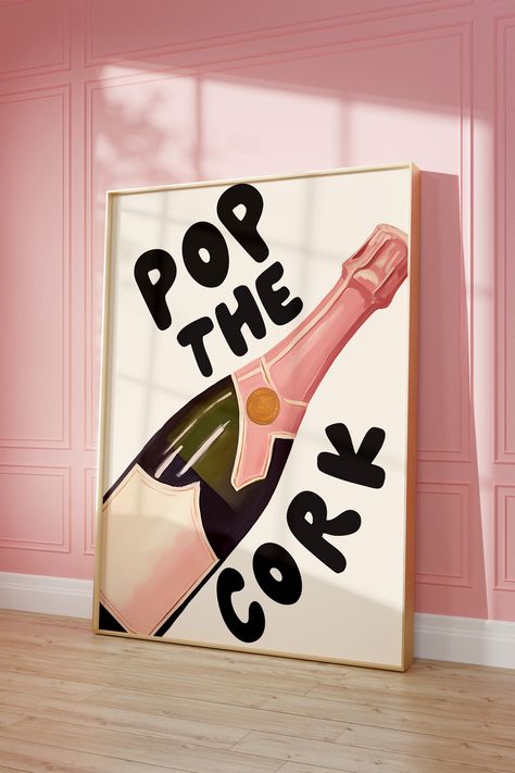 Happy Hour Poster, Champagne Poster, Experiential Marketing Events, Poster Pink, Wine Poster, Champagne Pop, Champagne Bar, Wine Decor, Preppy Aesthetic