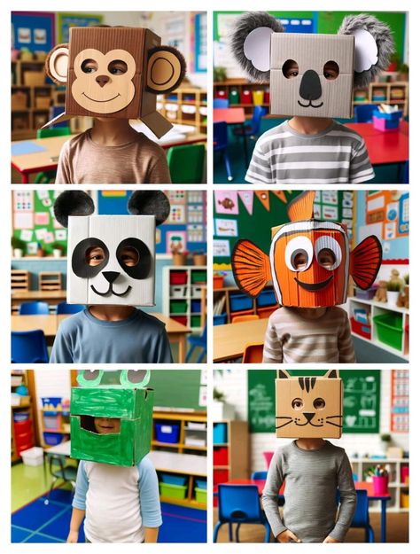 Animals Masks For Kids Crafts, Cardboard Box Costume, Animal Masks Diy, Freehand Crochet, Animal Costumes For Kids, Classic 80s Movies, Cardboard Costume, Cardboard Mask, Carton Diy