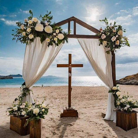 Christian Beach Wedding Ideas, Christian Beach Wedding, Beach Wedding Christian, Horse Beach Wedding, Beach Wedding Arch White Flowers, Beach Cliff Wedding Ceremony, Beach Wedding