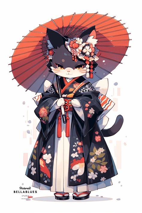 Cat Kimono, Kawaii Kimono, Cat Outfits, Kimono Art, Cat Outfit, Cute Kimonos, Japanese Cat, Cute Animal Drawings Kawaii, Cat Character