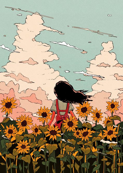 “I need time to grow and to exist” Timeline Drawing, I Need Time, Sunflower Drawing, Scrapbook Printing, Boy Illustration, Sunflower Field, Art Archive, Anime Scenery Wallpaper, Scenery Wallpaper