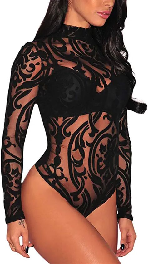 Amazon.com: JomeDesign Women's Long Sleeve Sheer Mesh Black Bodysuit Tops Clubwear, Medium : Clothing, Shoes & Jewelry Lace Rompers Women, Body Noir, Bodysuit Tops, Lingerie Plus Size, Body Suits, Bodysuit Jumpsuit, Bodycon Jumpsuit, Bodysuit Top, Mesh Bodysuit