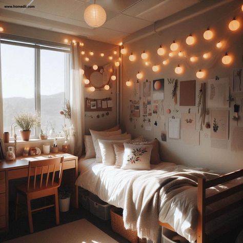 Cozy Dorm Room Hang String Lights, cozy dorm room design, cozy dorm room decor, cozy dorm room interior, cozy dorm room ideas, cozy dorm room inspiration #dormroom #cozydormroom #bedroomdesk #dorm Small Cozy Dorm Room, Dorm Room Cozy Aesthetic, Light Academia Dorm Room, Brown Dorm Room Ideas, Comfy Dorm Room, University Dorm Aesthetic, Cozy Dorm Room Aesthetic, University Room Ideas Uk, Dorm Room Interior