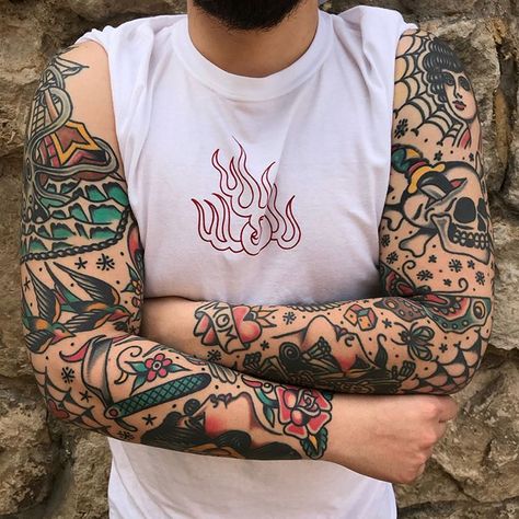 Traditional Tattoo Sleeve Filler, Flash Tattoo Sleeve, Tato Geisha, Traditional Tattoo Filler, Old School Tattoo Sleeve, American Traditional Sleeve, Tattoo Sleeve Filler, Traditional Tattoo Old School, Tattoo Filler