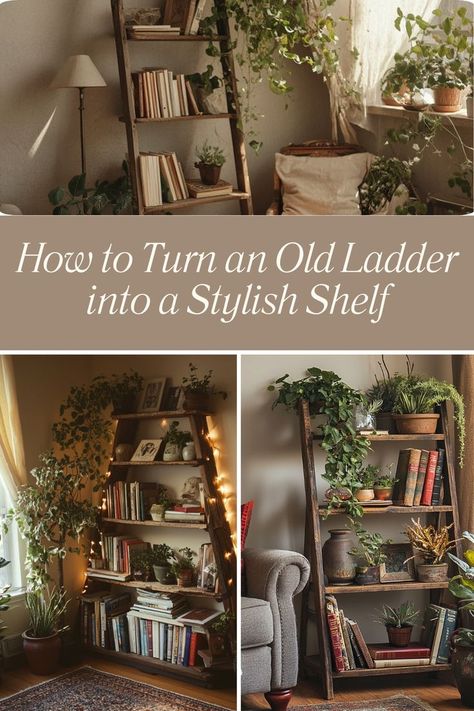 Repurpose an old ladder into a unique and stylish shelf for decor and storage. #UpcycledFurniture #DIYHomeDecor #RusticCharm Old Ladder Shelves, Ladder Repurpose Ideas, Old Ladder Shelf, Vintage Ladder Decor, Wood Upcycling, Ladder Shelf Decor, Repurposed Ladders, Ladder Shelf Diy, Vintage Ladder