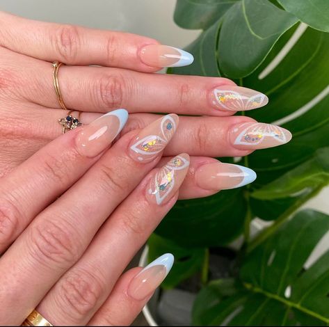 Butterfly Sparkle, Light Blue Butterfly, Prom Nails Silver, Butterfly Nails, Graduation Nails, Work Nails, Almond Nails Designs, Pretty Gel Nails, Glitter Acrylic