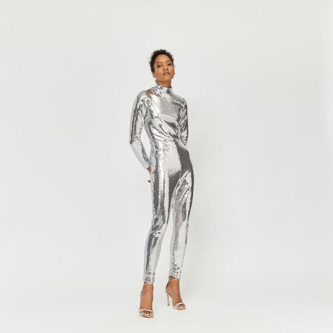 Sequin Catsuit, Black Jumpsuits, Silver Outfits, Denim Jumpsuits, Metal Clothing, Silver Colour, Floral Jumpsuit, Going Out Outfits, Black Jumpsuit