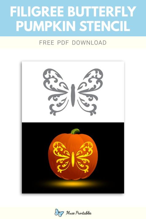 Free printable filigree butterfly stencil for pumpkin carving. Download it at https://museprintables.com/download/pumpkin-stencil/filigree-butterfly/ Butterfly Pumpkin Carving, Stencil For Pumpkin Carving, Butterfly Pumpkin, Printable Pumpkin Stencils, Pumpkin Stencils Free, Butterfly Stencil, Pumpkin Carvings Stencils, Pumpkin Stencil, Pumpkin Carving