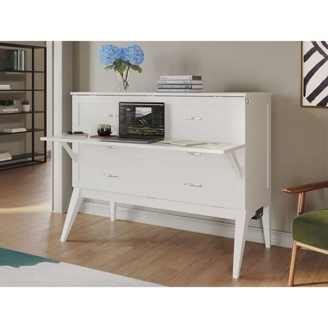 AFI Northampton Full Size Murphy Bed Chest with Desk in White - On Sale - Bed Bath & Beyond - 36670009 Murphy Bed Chest, Hardwood Desk, Full Murphy Bed, Bed Chest, Full Size Murphy Bed, Murphy Bed Desk, Sleek Desk, Queen Murphy Bed, Mid Century Modern Aesthetic