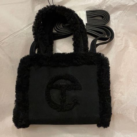 Ugg And Telfar, Fur Telfar Bag, Cute Purses Crossbody Casual, Telfar X Ugg Bag, Ugg Purses, Small Black Bag, Telfar Bags, Ugg Bag, Telfar Bag