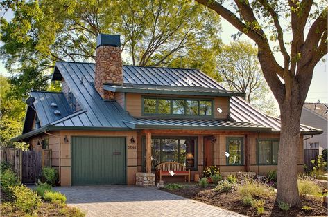 Full view of beautiful home with green roof. Green Roof House, Metal Roof Houses, Metal Roof Colors, Standing Seam Metal Roof, Blue Roof, Rustic Exterior, Exterior House Color, Cabin Exterior, Red Brick House