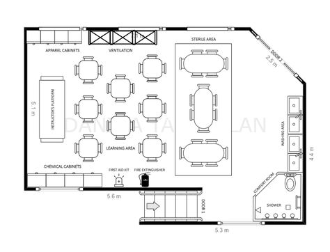 Here's a science laboratory floor plan. Science Lab Floor Plan, Laboratory Design Architecture, Laboratory Floor Plan, Lab Floor Plan, Science Lab Design, Laboratory Idea, Kids Science Lab, Classroom Floor Plan, Dark Architecture