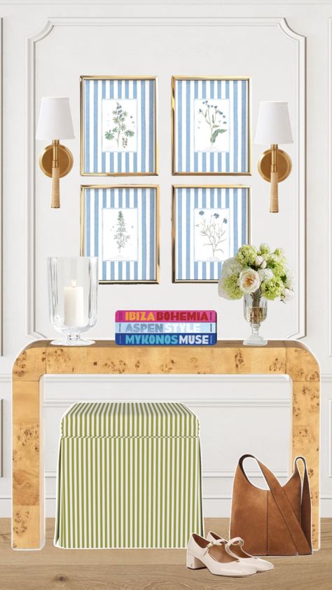 Modern Grandmillenia Entryway decor with Burlwood console table, green ottoman, and blue striped wall art. Modern Grandmillenial, Blue Striped Walls, Green Ottoman, Dallas House, Burled Wood, Entryway Decor, Console Table, Ottoman, Entryway