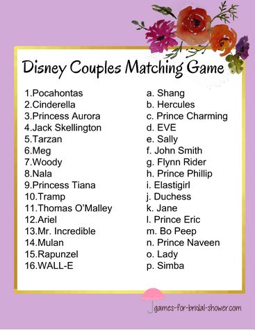 Free Printable Match the Disney Couple Game Disney Themed Bridal Shower, Disney Love Songs, Couple Game, Disney Couple, Disney Bridal Showers, Fun Bridal Shower Games, Candy Match, Free Printable Games, Couples Bridal Shower