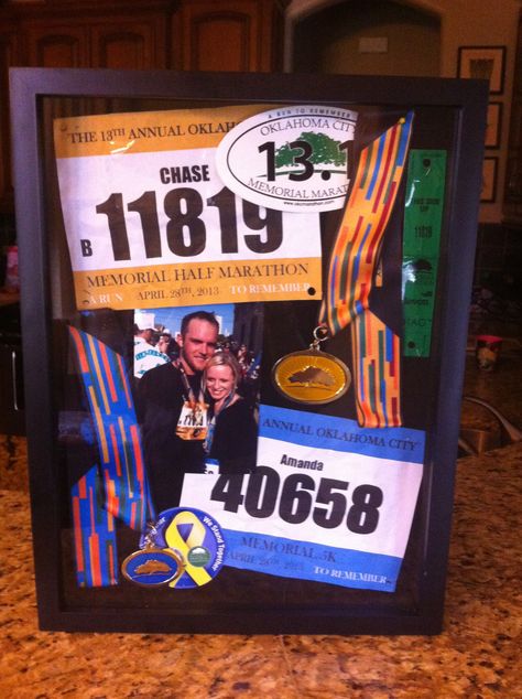 Great way to display Marathon runners medals and bibs.  Shadow box from Hobby Lobby. Race Medal Shadow Box Display Ideas, Sports Shadow Boxes, Old Ticket, Running Medal Display, Shadow Box Memory, Wedding Shadow Box, Race Medal, Race Bibs, Award Display