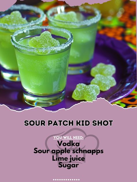 🍭 Enjoy the tangy taste of a Sour Patch Kid Shot! 🍋✨ #SourPatchShot #TangyTreat Sour Patch Kid Shot Ingredients: Vodka (1 oz) Sour apple schnapps (1/2 oz) Lime juice (1/2 oz) Sugar (for rimming) Sour Patch Kids candy (for garnish) Instructions: Rim the shot glass with sugar. In a shaker, combine vodka, sour apple schnapps, and lime juice with ice. Shake well. Strain into the prepared shot glass. Garnish with a Sour Patch Kid candy. 🌟 A fun and tangy shot that will delight your taste buds!... Sour Alcoholic Drinks, Apple Drinks Alcohol, Autumn Beverages, Drink Shots, Apple Shots, Vodka Sour, Apple Schnapps, Apple Vodka, Halloween Shots