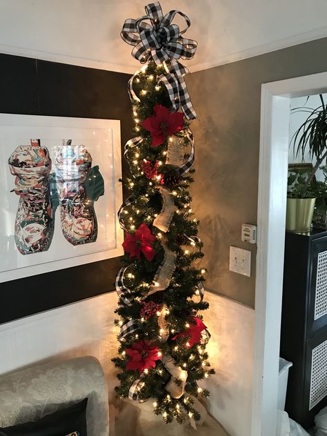 My client wanted a tree with a simple rustic them.  This slim tree and  buffalo plaid ribbon from @Michaelsstores provided the perfected solution #makeitwithmichaels #slimchristmastree #buffaloplaidchristmas #rusticchristmastree #christmas2018 #christmasdecor #christmasdecorations #Merryandbright #ilovechristmas #deckthehalls #christmastrees #rusticchristmas Black Pencil Tree Decorating Ideas, Buffalo Plaid Pencil Christmas Tree, Ribbon On Slim Christmas Tree, Slim Tree Decorating Ideas, Pencil Christmas Tree Decorated Ideas, Slim Xmas Tree Decorating Ideas, Pencil Tree Decorating Ideas Christmas, Slim Christmas Tree Ideas Decorating, Pencil Tree Decorating Ideas