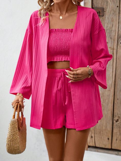 Hot Pink Casual Collar   Plain  Embellished Non-Stretch  Women Clothing Pink Shorts Outfit, Pink Shorts Outfits, Drop Shoulder Blouse, Color Fucsia, Hot Pink Shorts, Printed Sleeveless Top, Pink Shorts, Kids Beachwear, Shorts Set