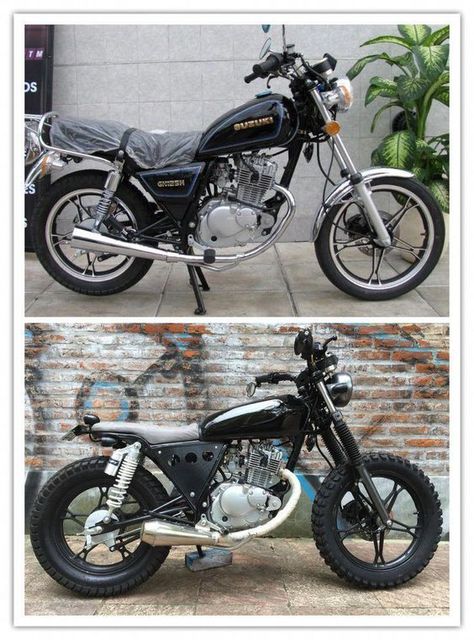 Before and after - motorcycle transformations Suzuki Gn 125, Tw 125, Custom Bikes Cafe Racers, Suzuki Cafe Racer, Cafe Racer Moto, Honda Scrambler, Suzuki Intruder, Motorcycle Honda, Tracker Motorcycle