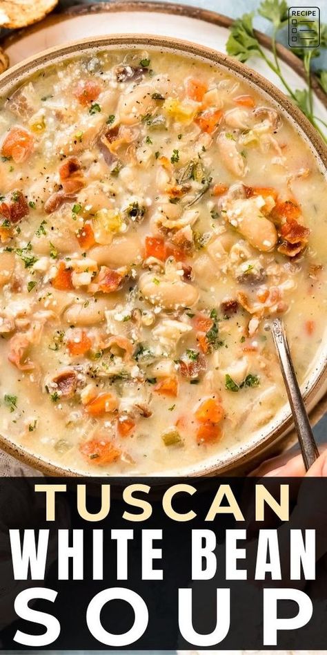 This hearty White Bean Soup is bursting with flavor and loaded with fresh vegetables, beans and bacon! It's all made in just one pot and ready in under 30 minutes! Plus, it's freezer friendly too, making it perfect for meal prep!! It's a cozy, flavorful, restaurant-quality soup you and your family will love! Soup With Bacon In It, Bean Soup With Canned Beans, Bean Bacon Soup, Bean Soup With Bacon, Beans And Bacon, Tuscan White Bean Soup, Bacon Soup Recipes, Tuscan White Bean, Tuscan Bean Soup