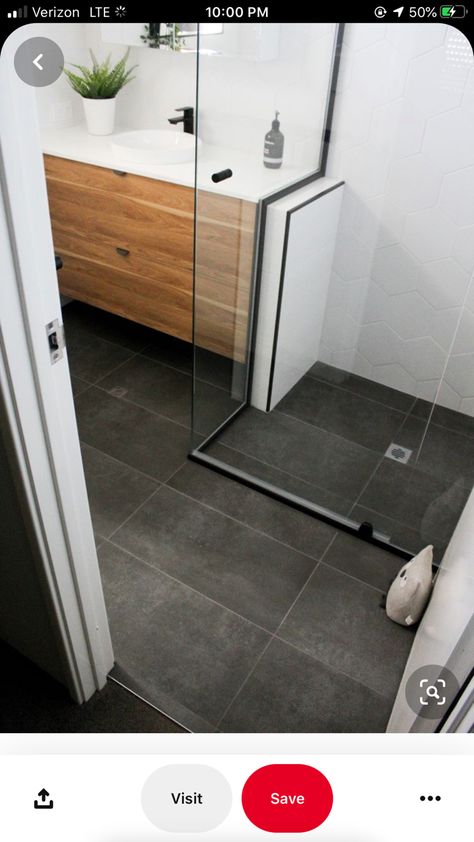 Charcoal Bathroom Floor, Bathroom Trends 2020, Bathrooms Renovations, Ensuite Renovation, Black Bathroom Floor, Matt Tiles, Black Tapware, Small Ensuite, Small Bathroom Renovations