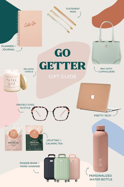 Are you looking for Holiday gift ideas for the GO-GETTER working girl in your life? Or maybe you’re looking to treat yourself to something special? Either way, we’ve got you covered with this fun and practical GO-GETTER HOLIDAY GIFT GUIDE, which includes products from some of the best female-founded brands that will surely help get the job done. Includes tote with cupholders, blue light-blocking glasses, planner, power bank, water bottle, laptop skins, statement pens, and more.