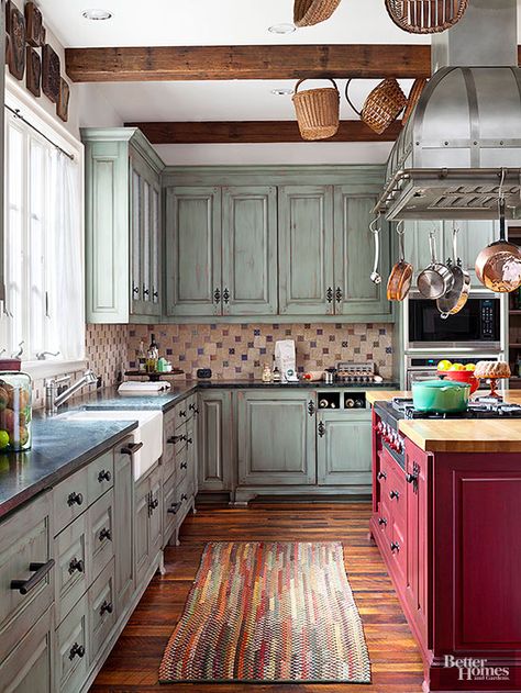 Make a rustic kitchen appear as if it was furnished over time with a rough-texture tiled backsplash. Rustic Farmhouse Kitchen Cabinets, Pantry Inspiration, Farmhouse Pantry, Cottage Designs, Rustic Kitchen Cabinets, Kabinet Dapur, Charming Farmhouse, Tuscan Kitchen, Classic Cottage