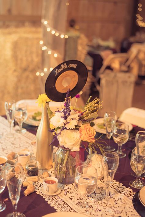 DIY rustic vintage wedding centerpieces table settings record table number lace Record Wedding Centerpieces, Record Table Numbers Wedding, Rustic Diy Centerpieces, Record Centerpieces, Record Table Numbers, Birds Of Prey Black Canary, Gold Glitter Wedding Cake, Vintage Wedding Table Settings, Centerpieces Table