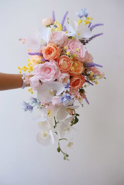 Ombre Wedding Bouquet, Pastel Cascade Bridal Bouquet, Bridal Bucket Flower, Waterfall Flower Bouquet, Cherry Blossom Wedding Flowers, Colorful Cascading Bouquet, Waterfall Bouquet Wedding, Wedding Flower Aisle, Bridal Bouquet Bright