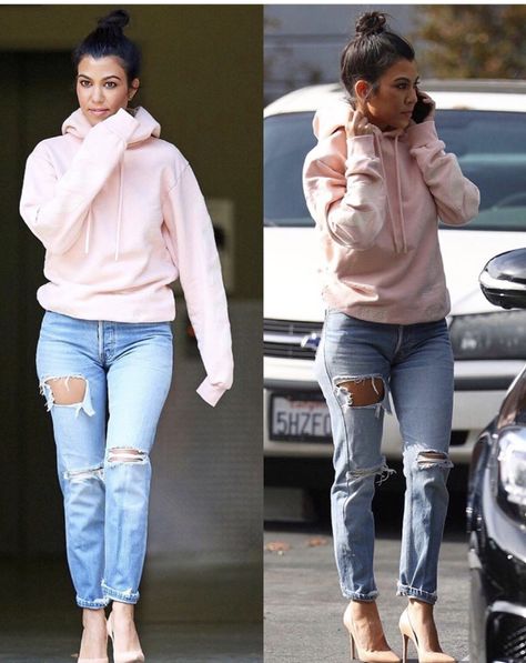 Jean Outfits With Heels, Hoodie And Heels Outfits, Hoodie With Heels, Boyfriend Jean Outfits, Kardashian Casual Outfit, Kourt Kardashian, Outfits With Heels, Kourtney Kardashian Style, Nba Game