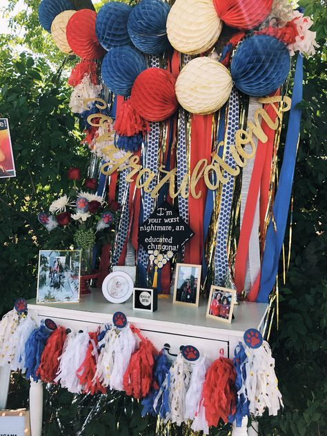 Graduation Party Ideas Red White And Blue, Navy And Red Graduation Party, Patriotic Graduation Party, Red White And Blue Graduation Decor, Red And Blue Graduation Party Decoration, Blue And Red Graduation Party Ideas, Marine Graduation Party, Red White Blue Graduation Party Ideas, Fresno State Graduation Party