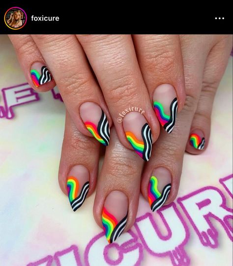 Groovy Nails Acrylic, 80’s Nails, Pop Art Nail Art, Groovy Nail Designs, 80s Nail Designs, Neon Gel Nails, 90s Nail Designs, 80 Nails, 90s Nail Art