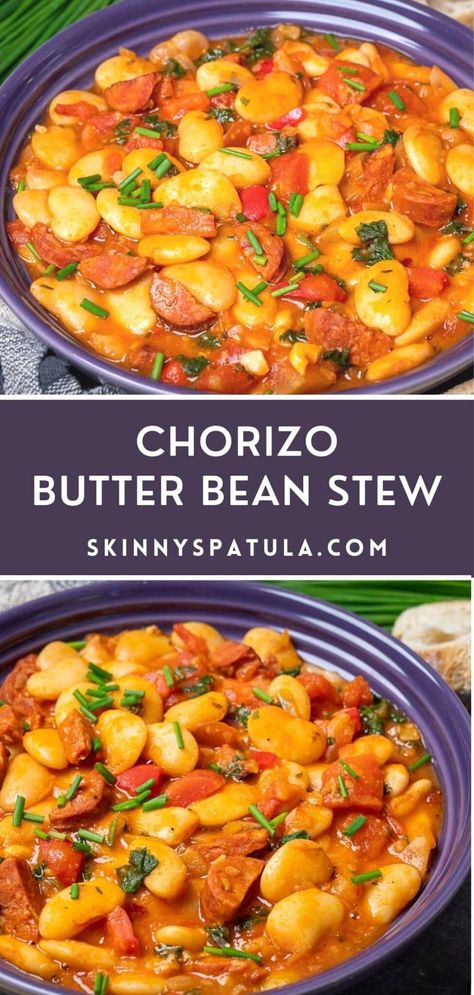 Chorizo And Bean Stew, Chorizo Recipes Dinner, Butter Bean Stew, Easy Stew Recipes, Lima Bean Recipes, Butter Bean Soup, Butter Beans Recipe, Slow Cooker Beans, Stew And Dumplings