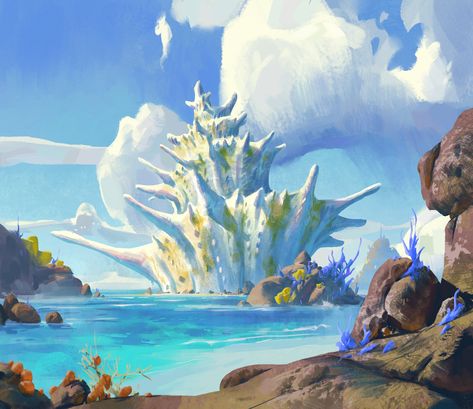 Island Environment Concept Art, Alien Beach Concept Art, Fantasy Beach Concept Art, Water Environment Concept Art, Concept World Art, Under The Sea Concept Art, Seashell House Concept Art, Water Planet Concept Art, Fantasy Island Art